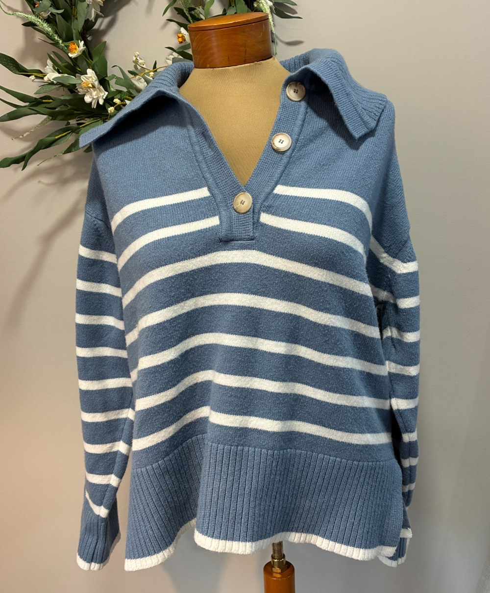 Maeve by Anthropologie Blue Stripe Rugby Sweater V Neck Collar Preppy Knit, S